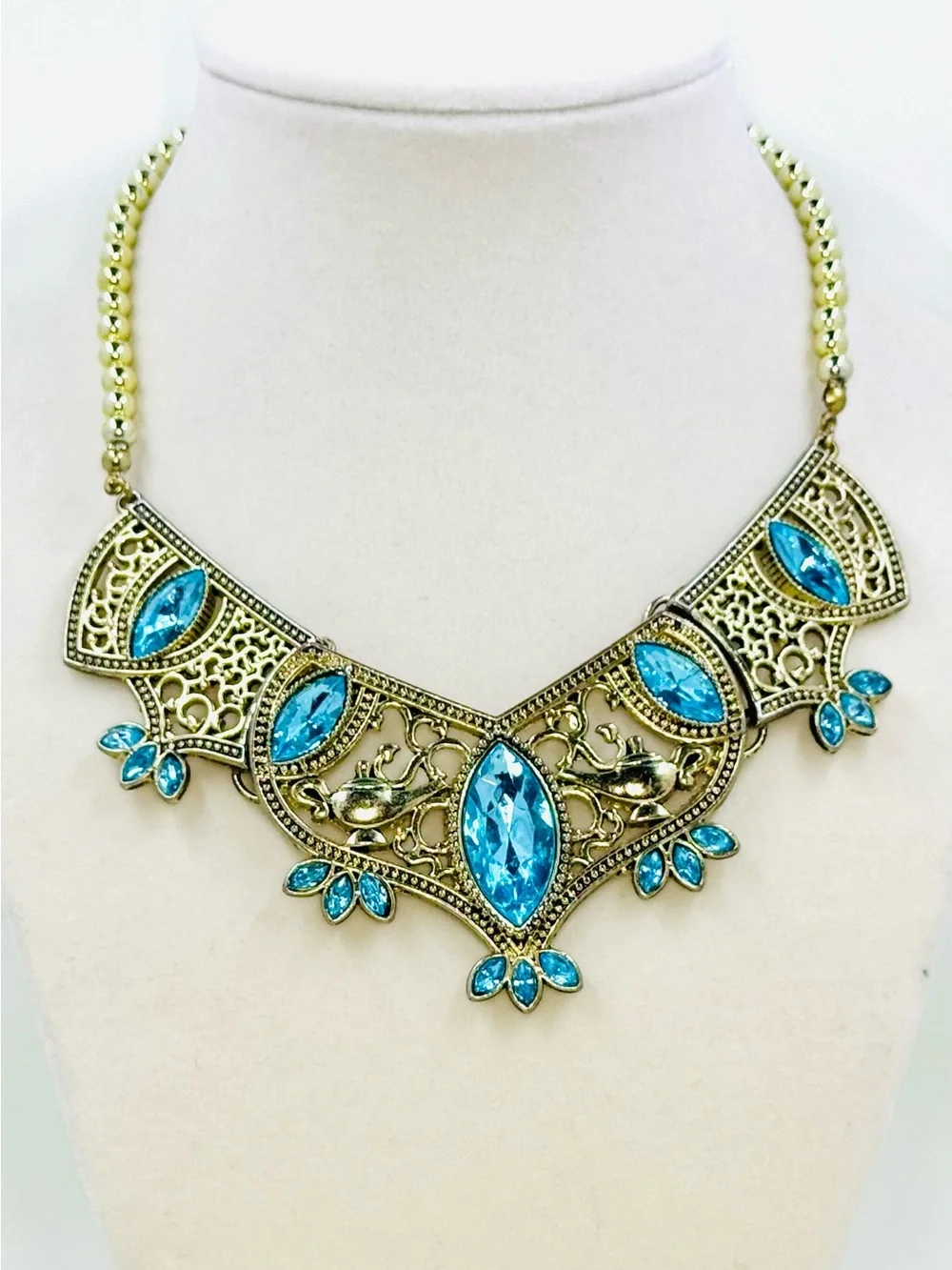 Euro Disney Golden Princess Jasmine Choker Necklace W/Aqua Blue Gems Magic Lamps